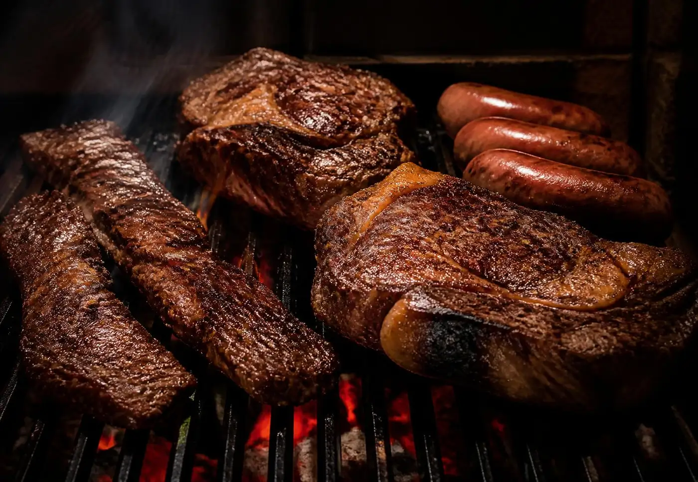 Cortes de carne argentinos en la parrilla con brasas: bife de chorizo, entraña y chorizo criollo